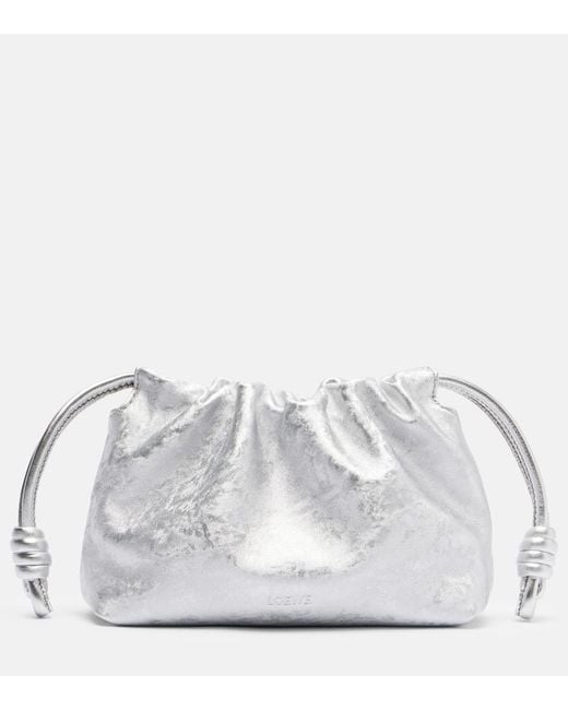 Loewe White Flamenco Mini Metallic Leather Clutch