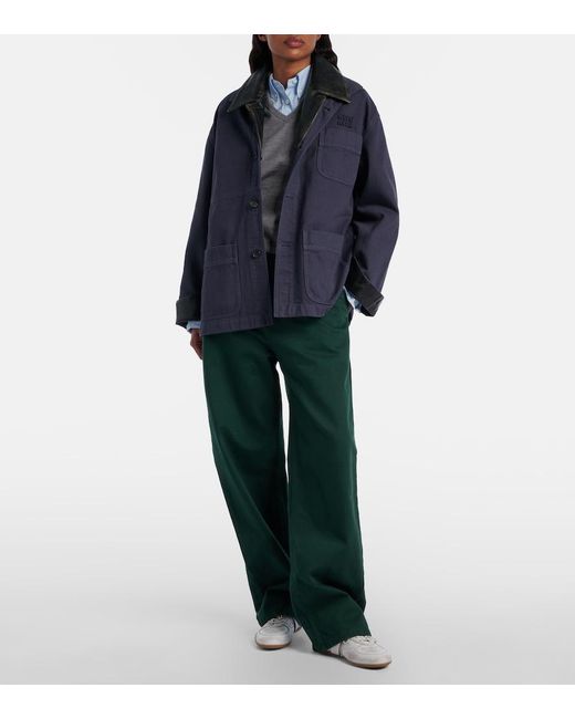 Miu Miu Blue Leather-Trimmed Oversized Cotton Gabardine Jacket