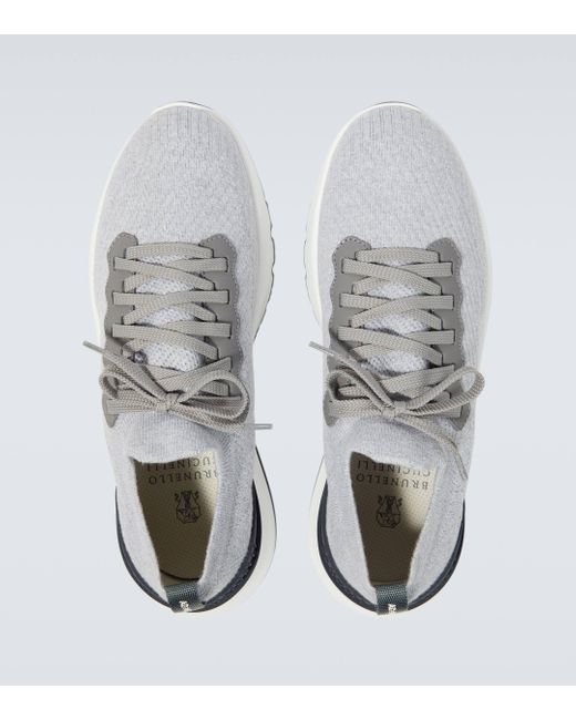 Brunello Cucinelli White Leather-trimmed Knit Sneakers for men