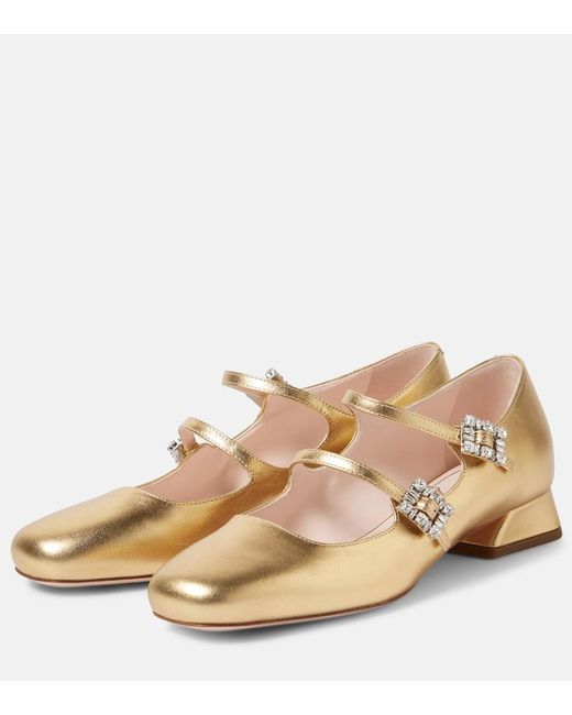 Roger Vivier Natural Tres Vivier Metallic Leather Mary Jane Pumps