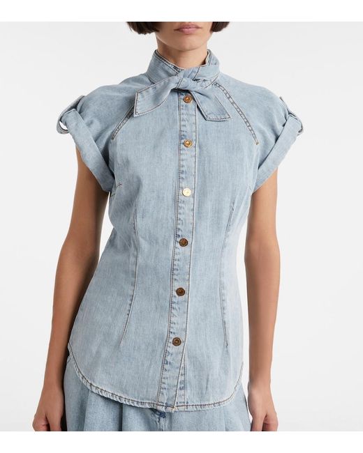 Zimmermann Blue Tie-Neck Denim Shirt