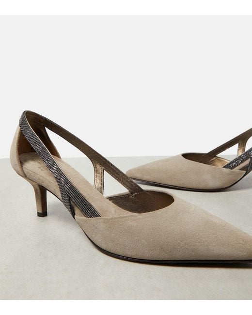 Brunello Cucinelli Natural Embellished Suede Slingback Pumps