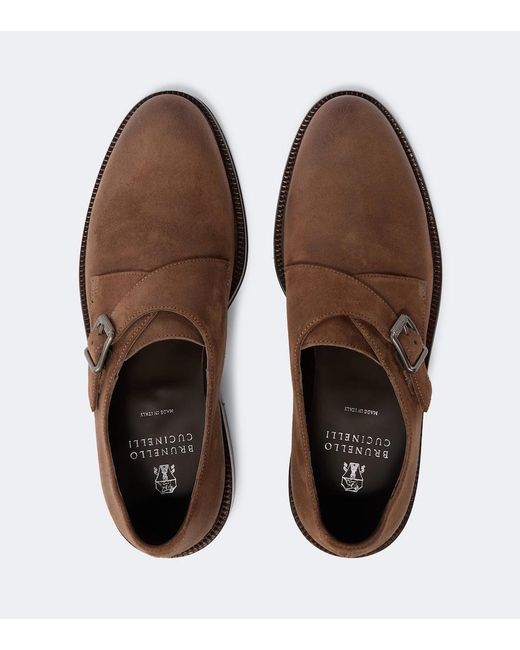 Brunello Cucinelli Brown Monili Suede Monk Strap Shoes for men