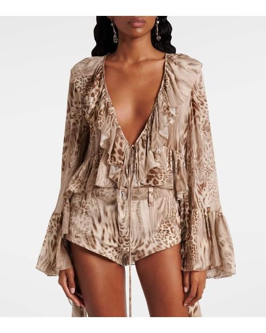 Blumarine Brown Ruffled Leopard-Print Chiffon Top