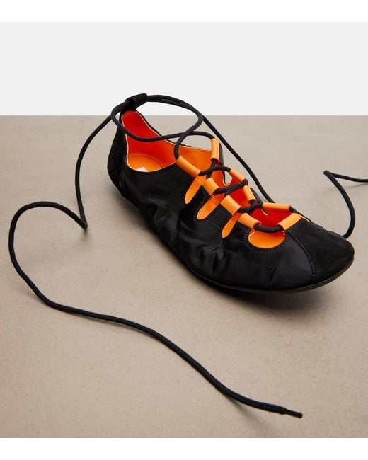 Alaïa Red Suede-Trimmed Lace-Up Ballet Flats
