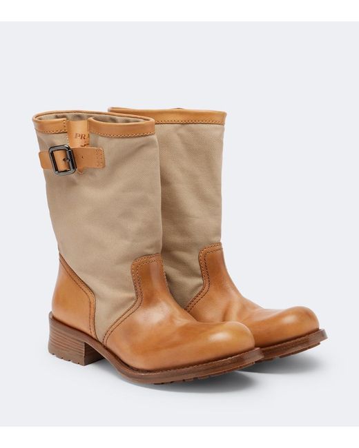 Prada Brown Leather And Canvas Biker Boots
