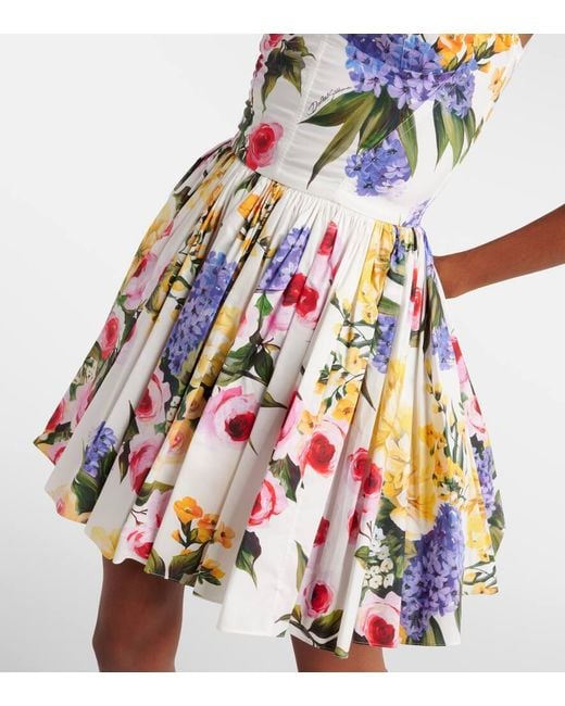 Dolce & Gabbana White Minikleid Aus Stretch-baumwollpopeline Mit Blumenprint Und Falten