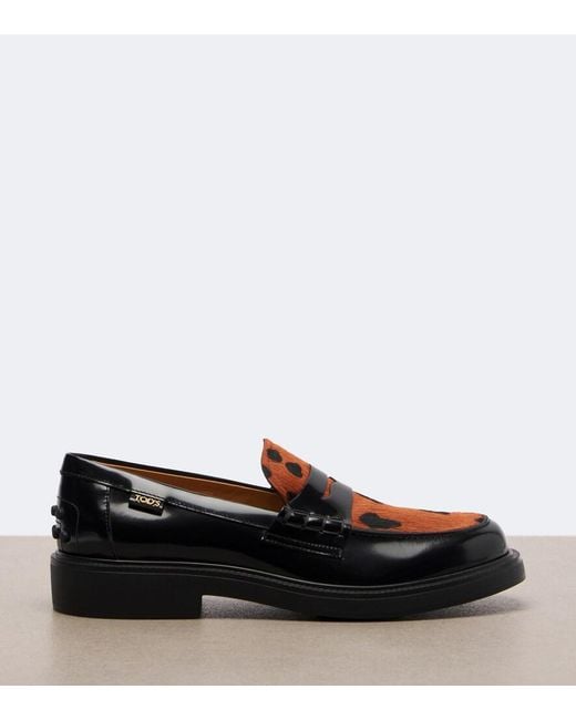 Tod's Black Leather Leopard-Print Penny Loafers