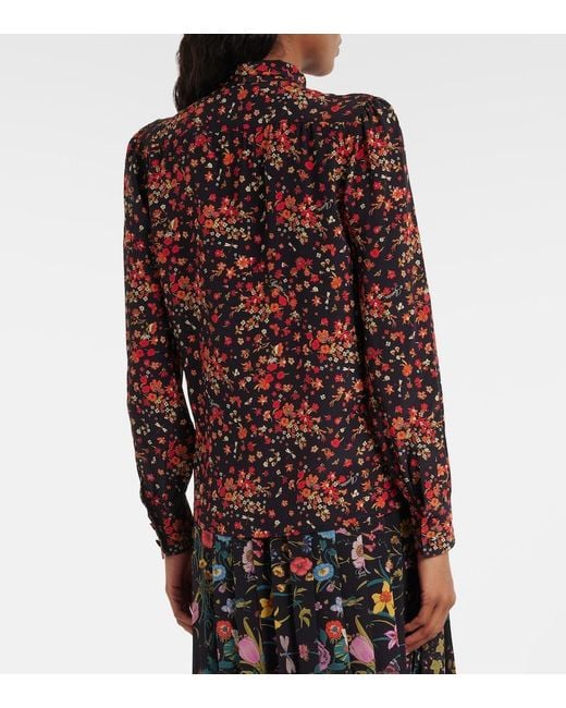 Gucci Red Bow-Detail Floral Silk Blouse