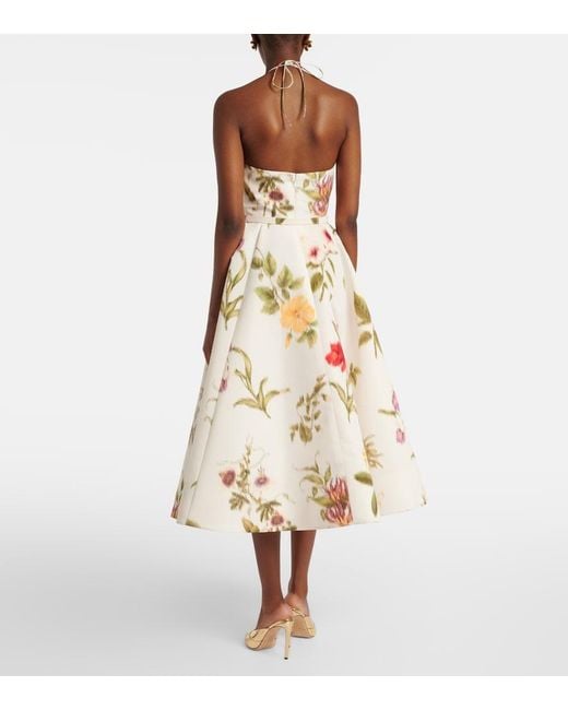 Oscar de la Renta White Belted Floral Faille Cocktail Dress
