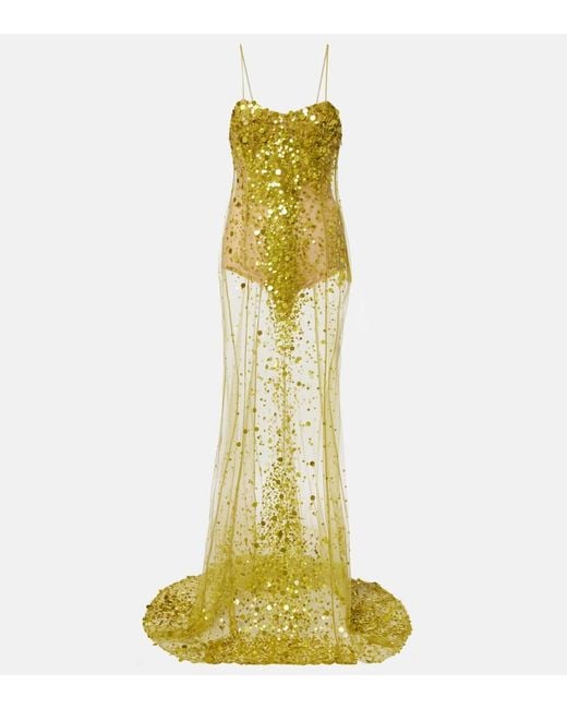 The Attico Yellow Sequined Sheer Mesh Gown