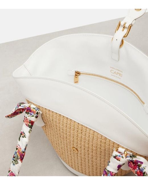 Dolce & Gabbana White Capri Medium Leather-Trimmed Raffia Tote Bag