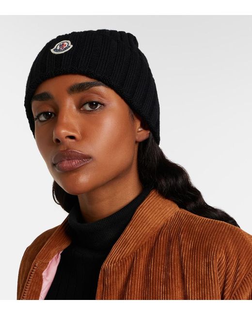 Moncler Black Ribbed-Knit Virgin Wool Beanie