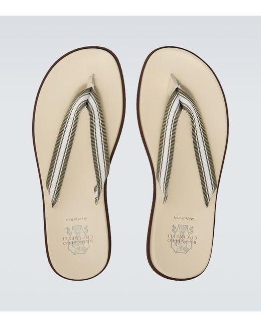 Brunello Cucinelli White Leather-Trimmed Thong Sandals for men