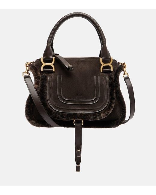 Chloé Black Marcie Small Shearling-Trimmed Suede Tote Bag