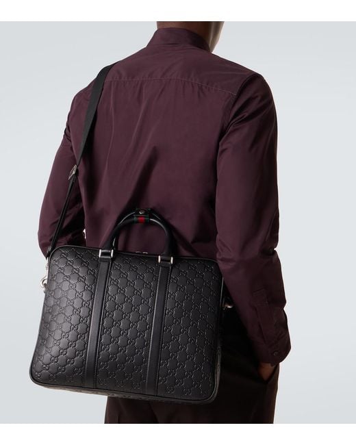 Gucci Black Gg Emblem Debossed Leather Briefcase for men
