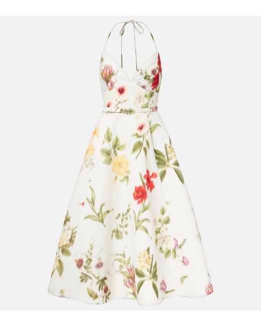 Oscar de la Renta White Belted Floral Faille Cocktail Dress