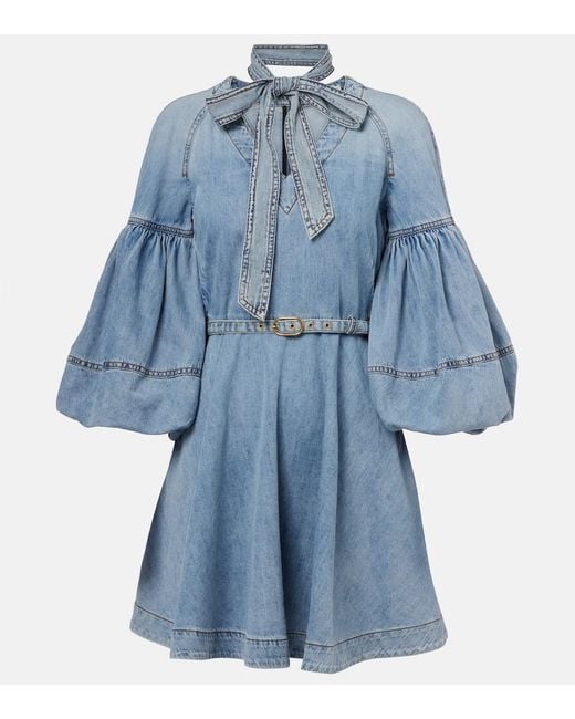 Zimmermann Blue Tie-Neck Puff-Sleeve Denim Minidress