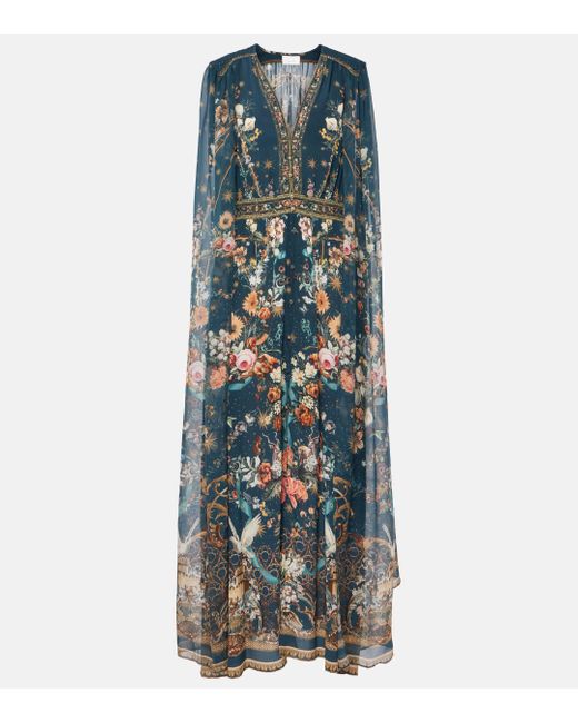 Robe longue en crepe de soie a fleurs Camilla en coloris Blue