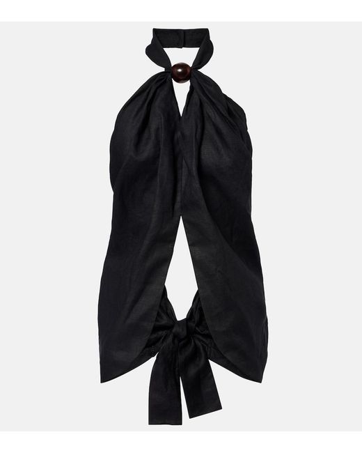 Faithfull The Brand Black Biba Embellished Halterneck Linen Top