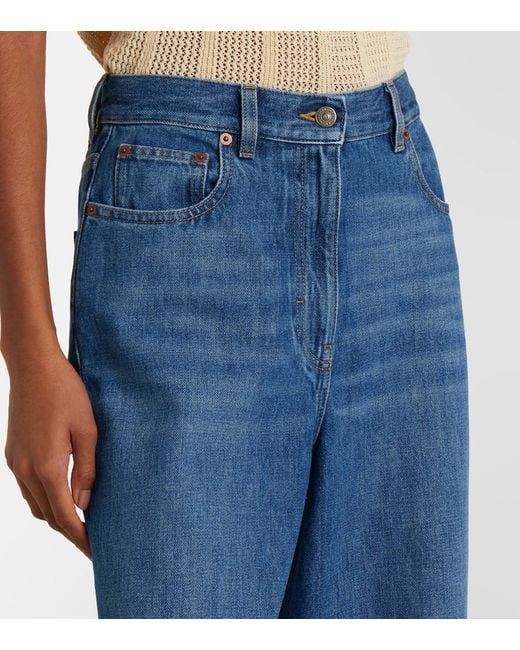 Valentino Blue Leather-Trimmed Wide-Leg Jeans
