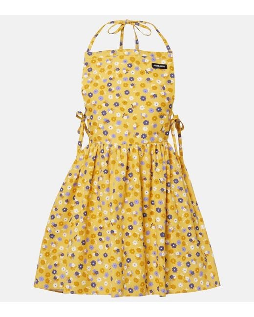 Miu Miu Yellow Floral Open-Back Cotton Poplin Minidress