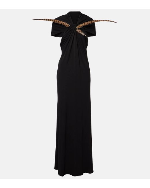 Loewe Black Cutout Feather-Trimmed Jersey Maxi Dress