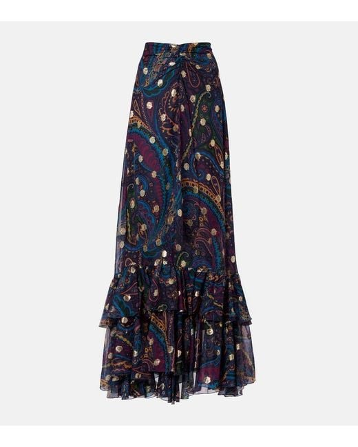 Falda Larga De Seda Con Paisley Y Volantes Etro de color Blue