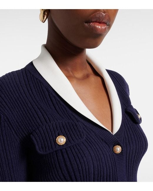 Self-Portrait Blue Belted Ribbed-Knit Cardigan
