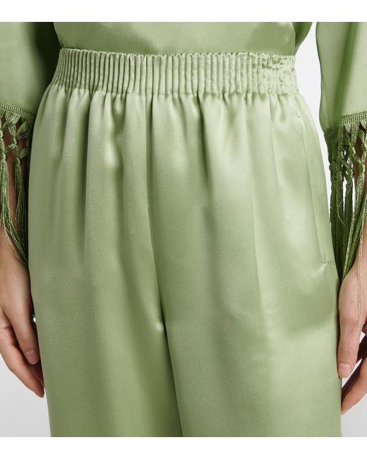 Valentino Green High-Rise Silk Duchesse Wide-Leg Pants
