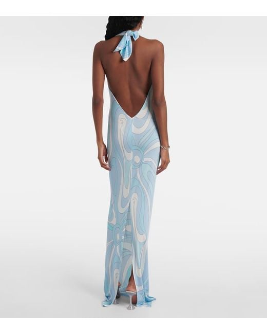 Emilio Pucci Blue Marmo Halterneck Satin Jersey Maxi Dress