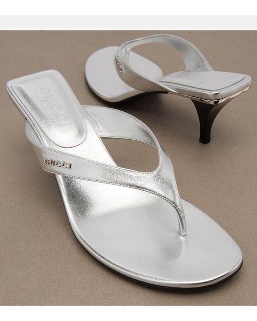 Gucci White Vittoria Metallic Leather Thong Sandals