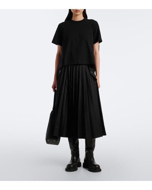 Sacai Black Cotton Jersey And Denim T-Shirt