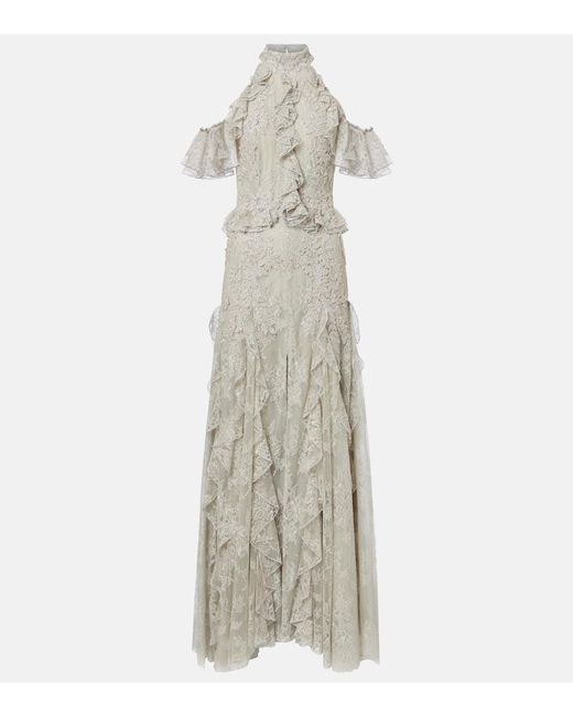 Costarellos White Rhodine Embellished Halterneck Lace Gown