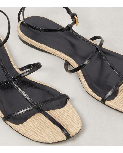Khaite Black Cage Leather Raffia-Trimmed Sandals