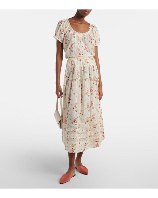 Doen Natural Marie Floral Cotton Midi Skirt