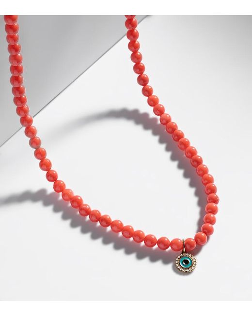 Sydney Evan Red Evil Eye 14kt Gold And Coral Beaded Necklace With Diamonds