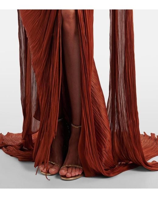 Marmar Halim Red Draped Pleated Scarf-Detail Bustier Gown