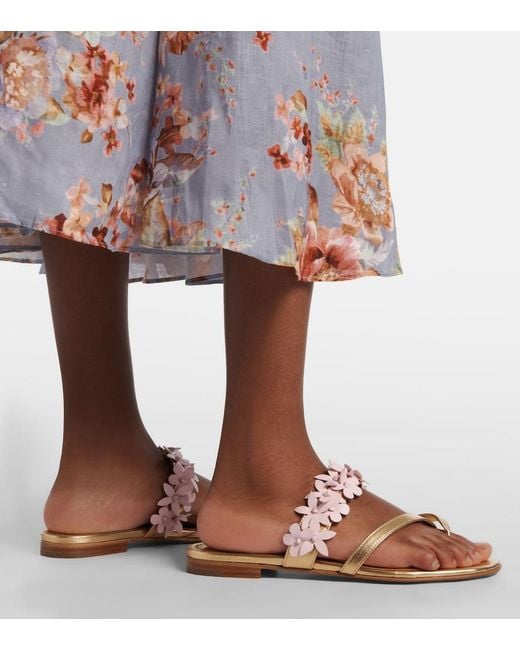 Manolo Blahnik Metallic Fiosa Applique Leather Thong Sandals