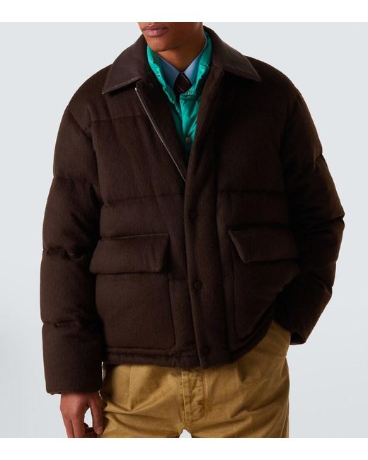Auralee Brown Leather-Trimmed Camel Hair Down Jacket for men
