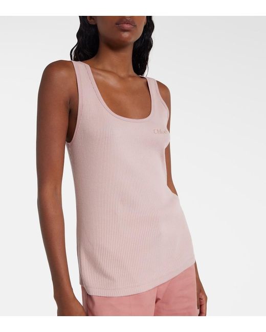 Chloé Pink Logo Ribbed-Knit Cotton Jersey Tank Top