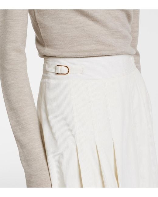 Gabriela Hearst White Wesley Pleated Cotton Corduroy Midi Skirt