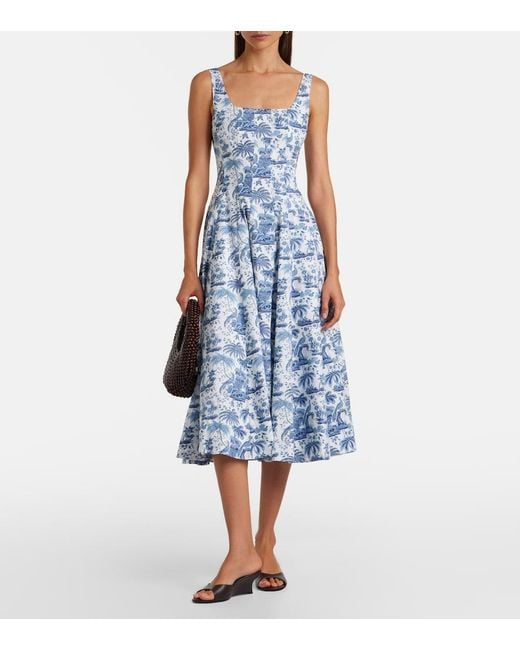 Staud Blue Wells Floral Cotton Poplin Midi Dress