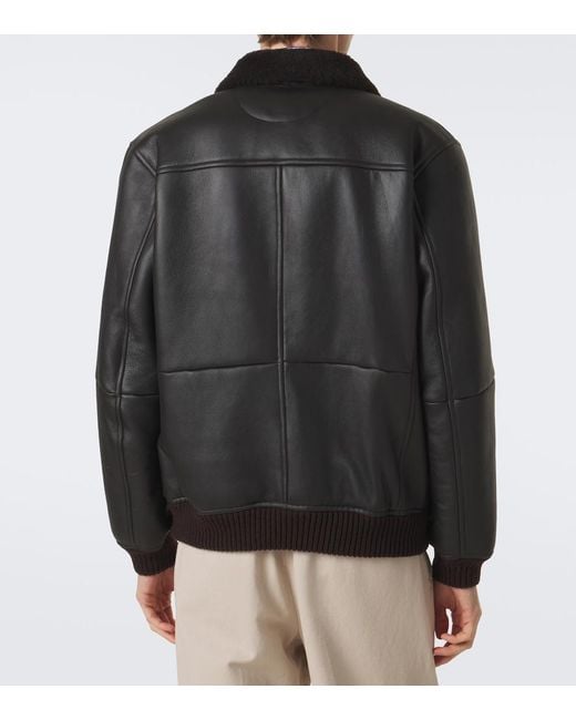 Kiton Black Shearling-Trimmed Leather Bomber Jacket for men