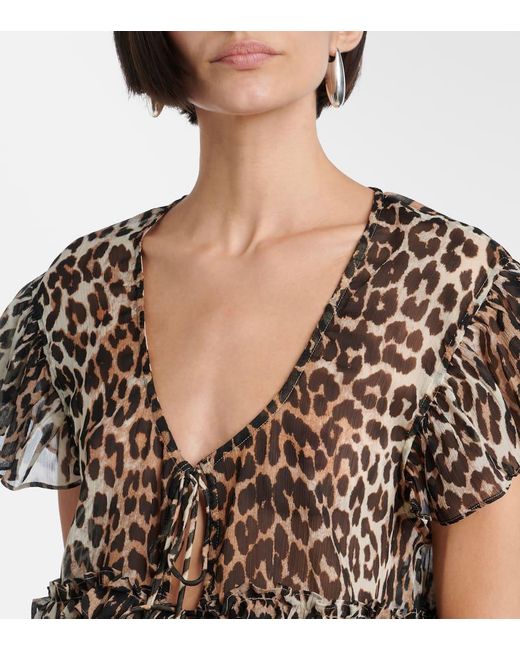 Ganni Gray Leopard-Print Ruffled Chiffon Blouse