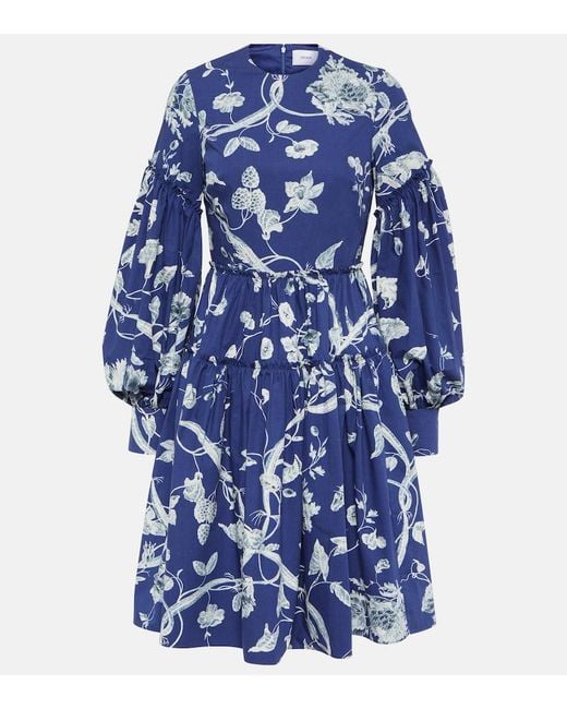 Erdem Blue Floral-print Tiered-hem Cotton-poplin Mini Dress