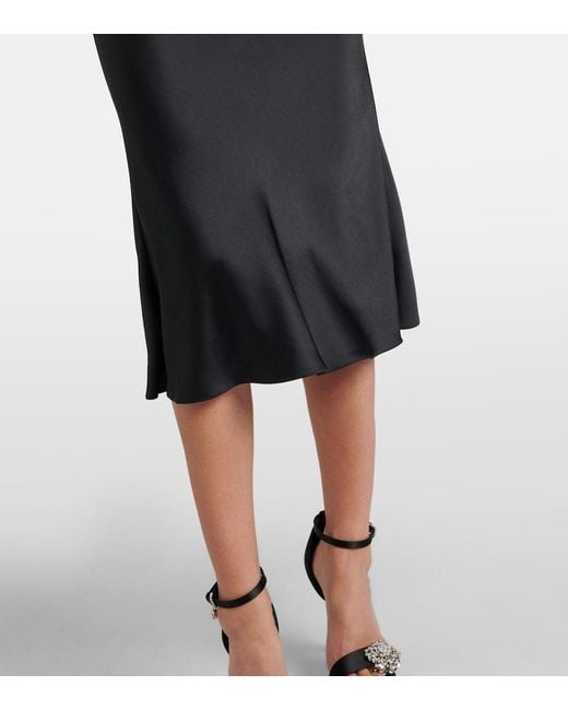 McQueen Black Draped Off-Shoulder Satin Midi Dress