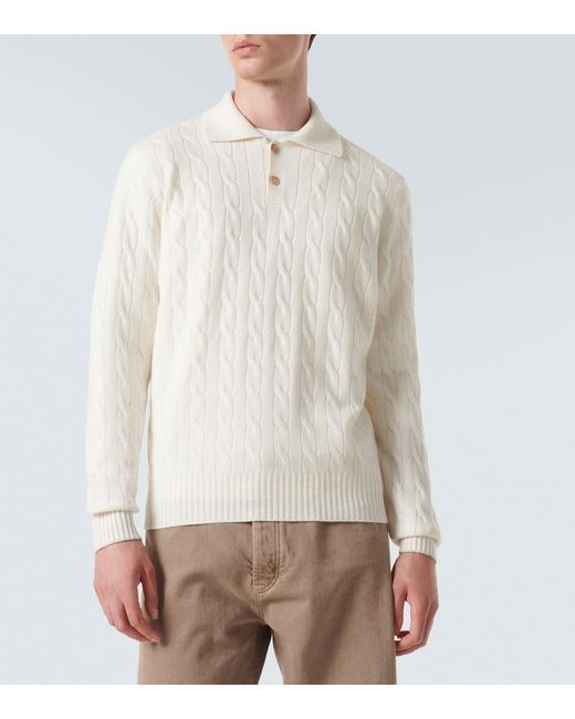 Brunello Cucinelli White Cable-Knit Cashmere Polo Sweater for men