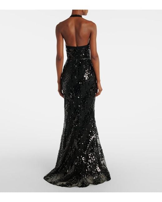 Elie Saab Black Sequined Halterneck Silk-Blend Gown