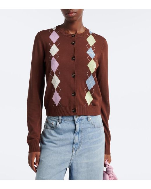 Ganni Brown Argyle Cotton Cardigan